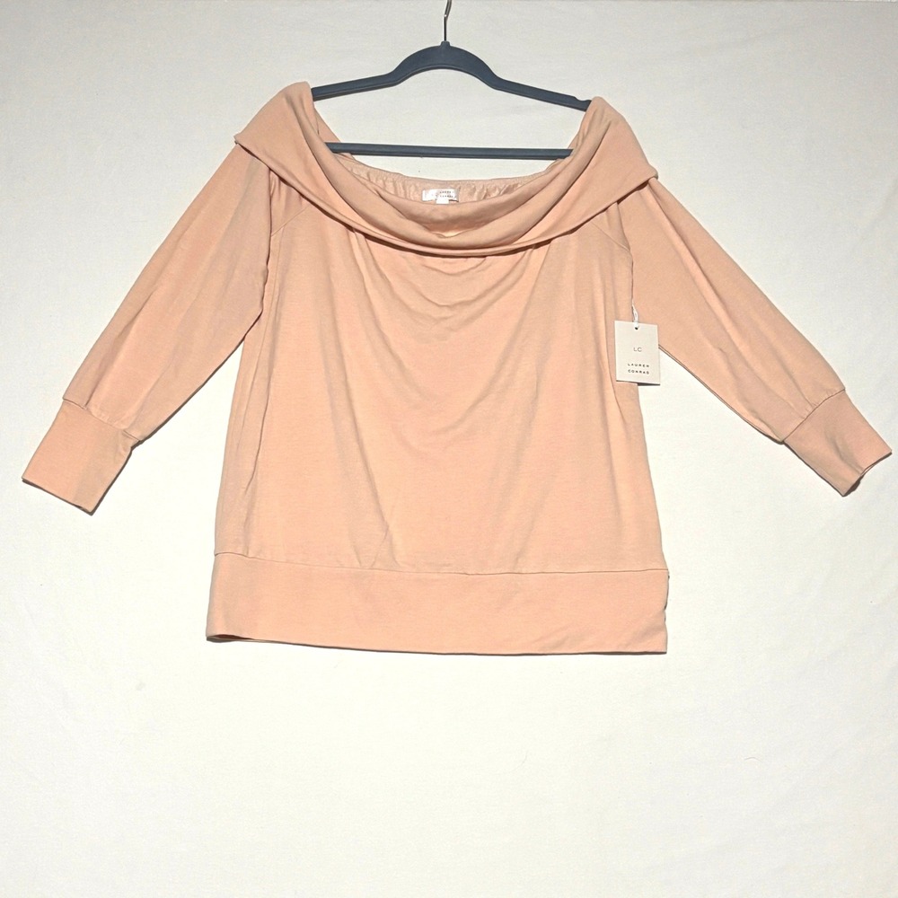 NEW LC Lauren Conrad Off Shoulder Top Womens L Peach Long Sleeve Cuffed Blouse